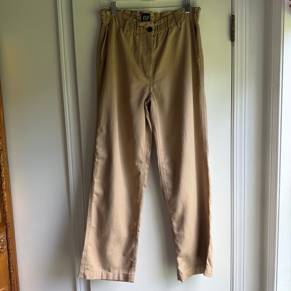 GAP Womens Khaki Tan Cotton Lyocell Paperbag Waist Straight Leg Pants Size M